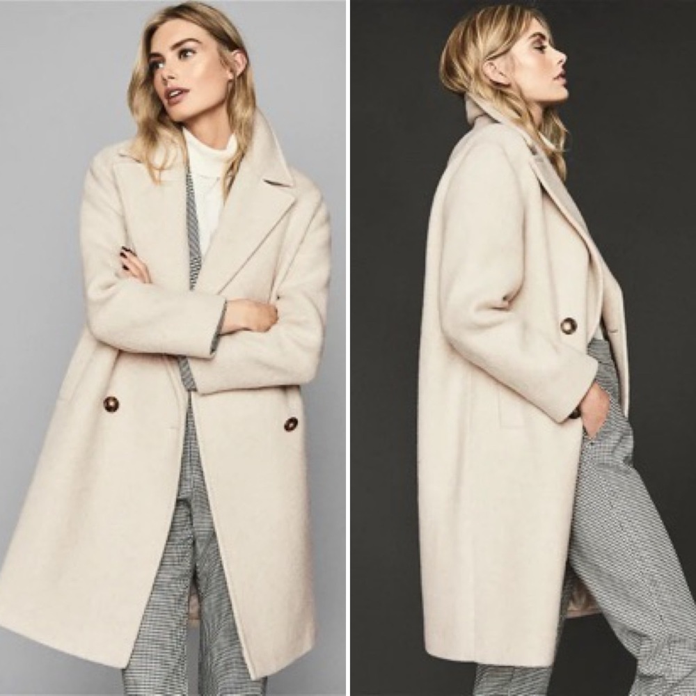 NWT Reiss Double Breasted Scarletta Wool Teddy Fall Coat in Cream Ivory sz US10